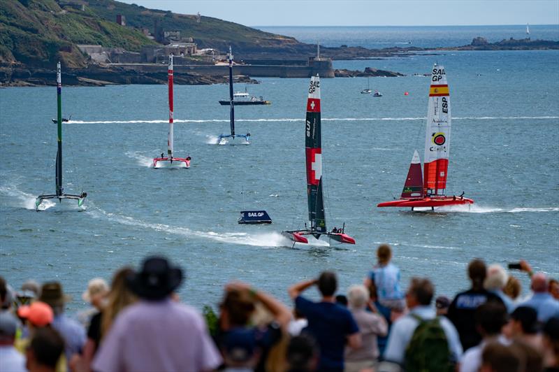 Spectators watch the fleet in action on Race Day 1 of the Great Britain Sail Grand Prix  photo copyright Jon Super / SailGP taken at Royal Plymouth Corinthian Yacht Club and featuring the F50 class