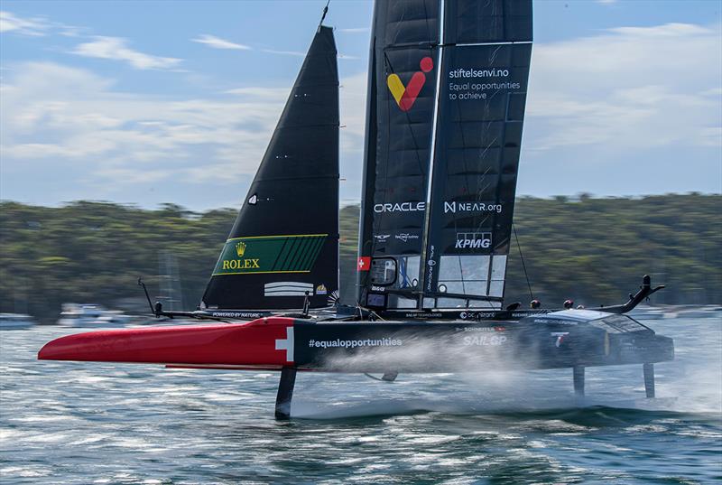 Switzerland SailGP Team helmed by Sebastien Schneiter in action on Race Day 1 of the KPMG Australia Sail Grand Prix in Sydney, Australia - photo © Ricardo Pinto for SailGP