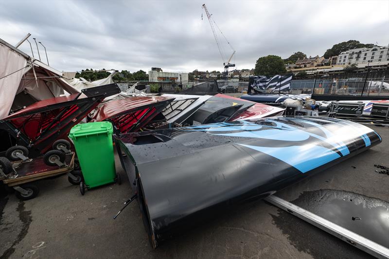 View of the aftermath of the storm at the technical area following racing on Race Day 1 of the KPMG Australia Sail Grand Prix in Sydney, Australia. Sunday 19th February photo copyright Ricardo Pinto/SailGP taken at Royal Sydney Yacht Squadron and featuring the F50 class