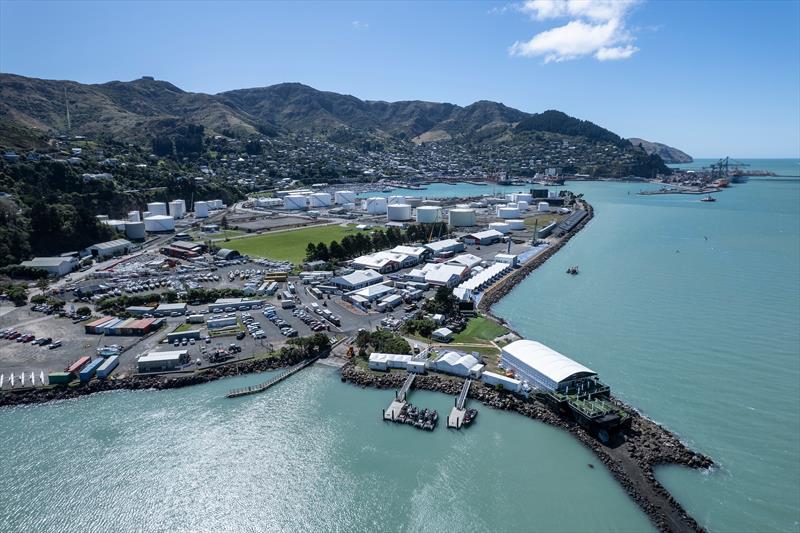Aerial view of the technical area and Adrenaline Lounge in Lyttleton Harbour ahead of the ITM New Zealand Sail Grand Prix in Christchurch - photo © Ricardo Pinto/SailGP