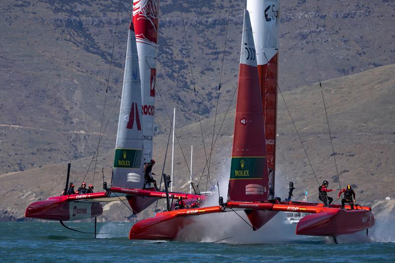 Spain SailGP Team and Denmark SailGP Team in action on Race Day 1 of the ITM New Zealand Sail Grand Prix in Christchurch - photo © Felix Diemer/SailGP