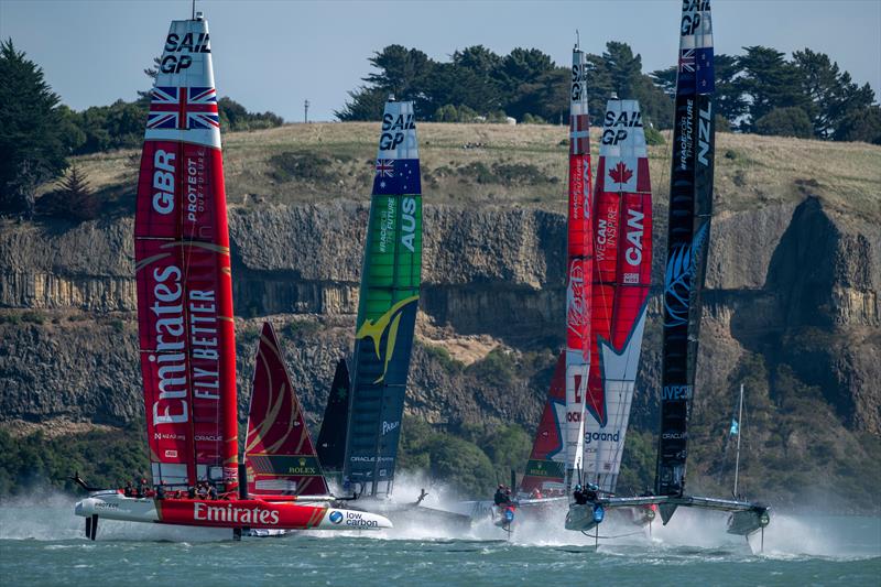 The fleet in action on Race Day 1 of the ITM New Zealand Sail Grand Prix in Christchurch - photo © Ricardo Pinto/SailGP