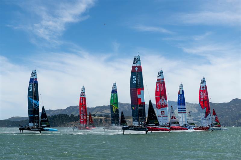 The fleet in action on Race Day 1 of the ITM New Zealand Sail Grand Prix in Christchurch - photo © Ricardo Pinto/SailGP