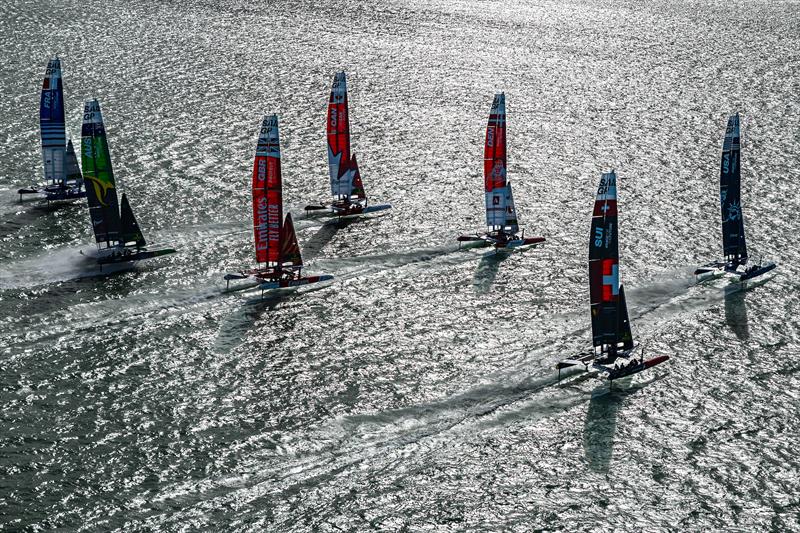 The SailGP F50 catamaran fleet in action on Race Day 1 of the ITM New Zealand Sail Grand Prix in Christchurch, New Zealand photo copyright Simon Bruty for SailGP taken at  and featuring the F50 class
