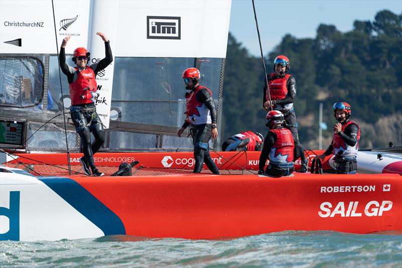Tim Hornsby, grinder of Canada SailGP Team, celebrates with his team-mates after they won the Final race on Race Day 2 of the ITM New Zealand Sail Grand Prix in Christchurch photo copyright Bob Martin/SailGP taken at Naval Point Club Lyttelton and featuring the F50 class