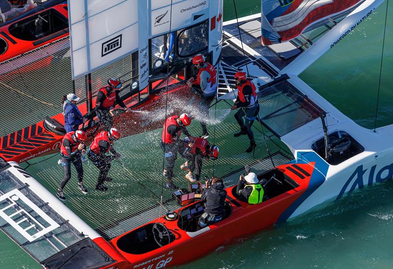 Canada SailGP Team spray Barons de Rothschild champagne as they celebrate winning the ITM New Zealand Sail Grand Prix in Christchurch photo copyright David Gray/SailGP taken at Naval Point Club Lyttelton and featuring the F50 class