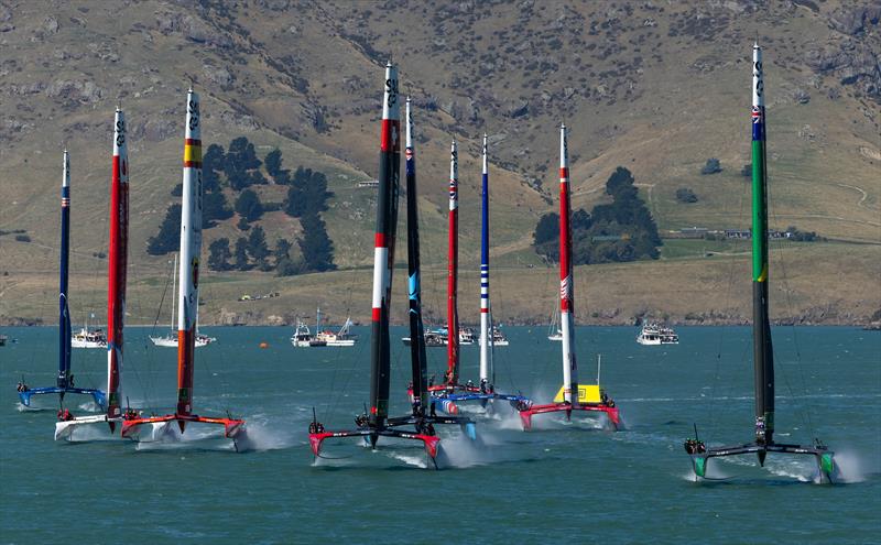 Australia SailGP Team leads Switzerland SailGP Team and the fleet during Race Day 2 of the ITM New Zealand Sail Grand Prix in Christchurch photo copyright Brett Phibbs/SailGP taken at Naval Point Club Lyttelton and featuring the F50 class