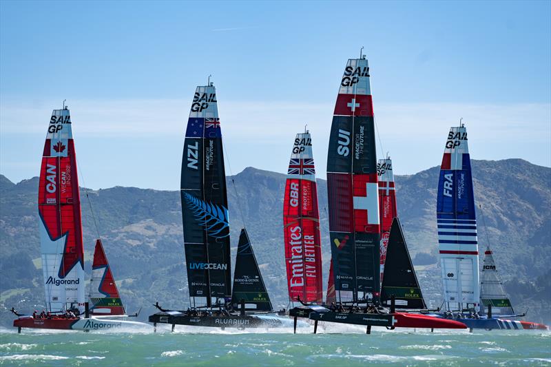 The SailGP F50 catamaran fleet in action on Race Day 2 of the ITM New Zealand Sail Grand Prix in Christchurch - photo © Bob Martin/SailGP