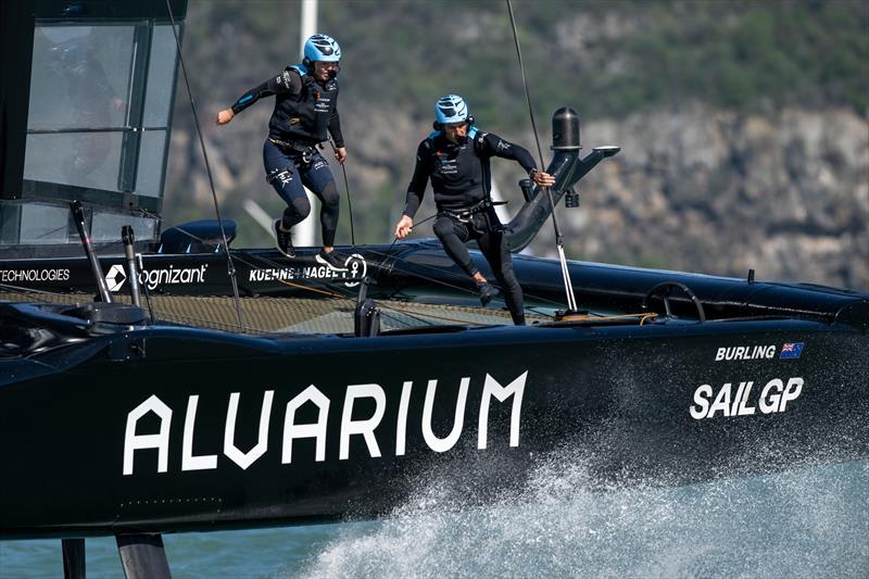 Liv Mackay, strategist of New Zealand SailGP Team and Blair Tuke, Co-CEO and wing trimmer of New Zealand SailGP Team run across the boat on Race Day 2 of the ITM New Zealand Sail Grand Prix in Christchurch - photo © Ricardo Pinto/SailGP