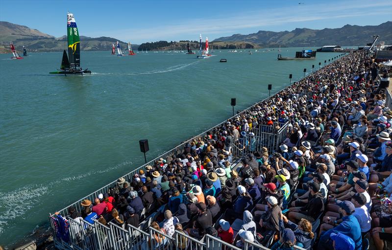Spectators watch the Australia SailGP Team cross the finish line to win Race 1 on Race Day 2 of the ITM New Zealand Sail Grand Prix in Christchurch photo copyright Brett Phibbs/SailGP taken at Naval Point Club Lyttelton and featuring the F50 class