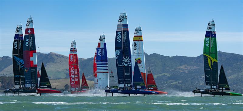 The SailGP F50 catamaran fleet in action on Race Day 2 of the ITM New Zealand Sail Grand Prix in Christchurch, New Zealand photo copyright Bob Martin for SailGP taken at  and featuring the F50 class