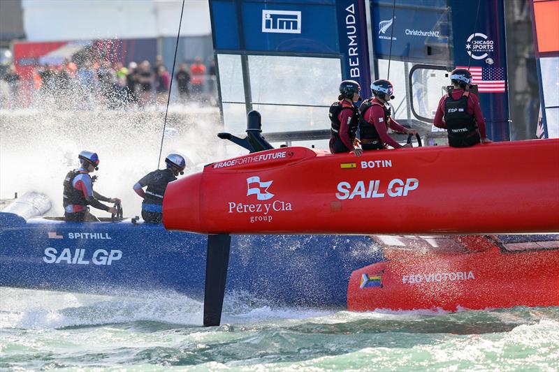 Close racing action between USA SailGP Team helmed by Jimmy Spithill and Spain SailGP Team helmed by Diego Botin on Race Day 1 of the ITM New Zealand Sail Grand Prix in Christchurch, New Zealand photo copyright Ricardo Pinto for SailGP taken at  and featuring the F50 class