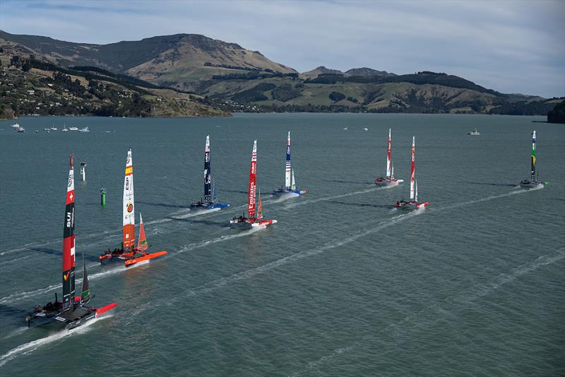 The SailGP F50 catamaran fleet in action on Race Day 1 of the ITM New Zealand Sail Grand Prix in Christchurch, New Zealand photo copyright Simon Bruty for SailGP taken at  and featuring the F50 class