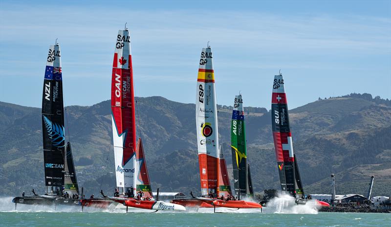 The SailGP F50 catamaran fleet in action on Race Day 2 of the ITM New Zealand Sail Grand Prix in Christchurch, New Zealand. Sunday 19th March photo copyright Bob Martin for SailGP taken at  and featuring the F50 class