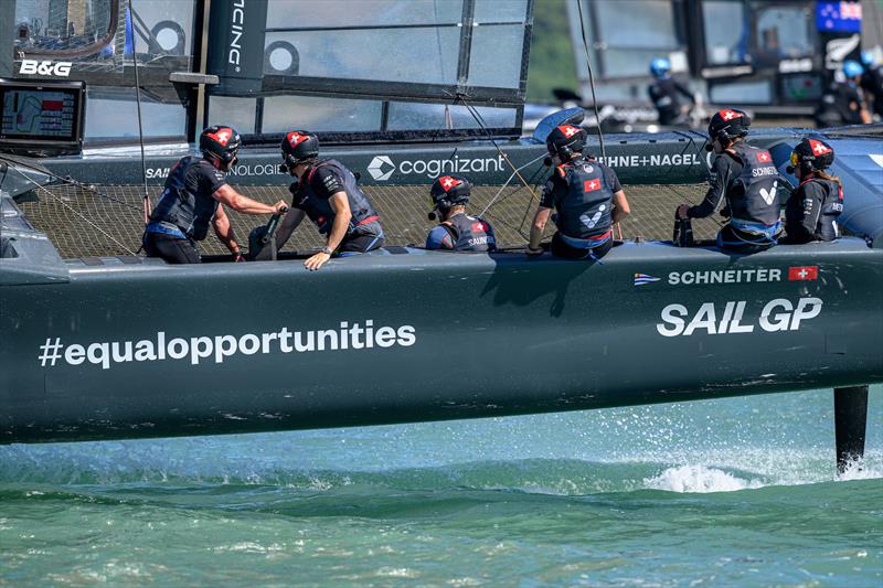 Switzerland SailGP Team helmed by Sebastien Schneiter in action during a practice session on Race Day 1 of the ITM New Zealand Sail Grand Prix in Christchurch, New Zealand. Saturday 18th March photo copyright Ricardo Pinto for SailGP taken at  and featuring the F50 class