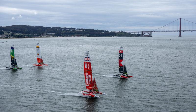 The fleet in action in front of the Golden Gate Bridge during a practice session ahead of the Mubadala SailGP Season 3 Grand Final in San Francisco, USA photo copyright Simon Bruty for SailGP taken at  and featuring the F50 class