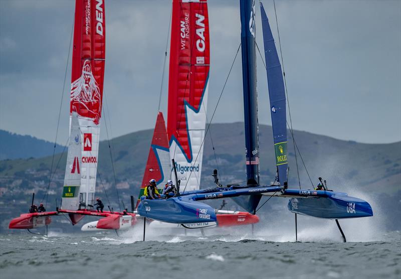 USA SailGP Team helmed by Jimmy Spithill, Canada SailGP Team helmed by Phil Robertson and Denmark SailGP Team presented by ROCKWOOL helmed by Nicolai Sehested in action during a practice session ahead of the Mubadala SailGP Season 3 Grand Final - photo © Ricardo Pinto for SailGP