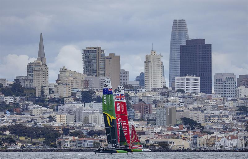 Australia SailGP Team helmed by Tom Slingsby and Emirates Great Britain SailGP Team helmed by Ben Ainslie sail past the city skyline during a practice session ahead of the Mubadala SailGP Season 3 Grand Final in San Francisco, USA. Friday 5th May photo copyright Felix Diemer for SailGP taken at San Francisco Yacht Club and featuring the F50 class