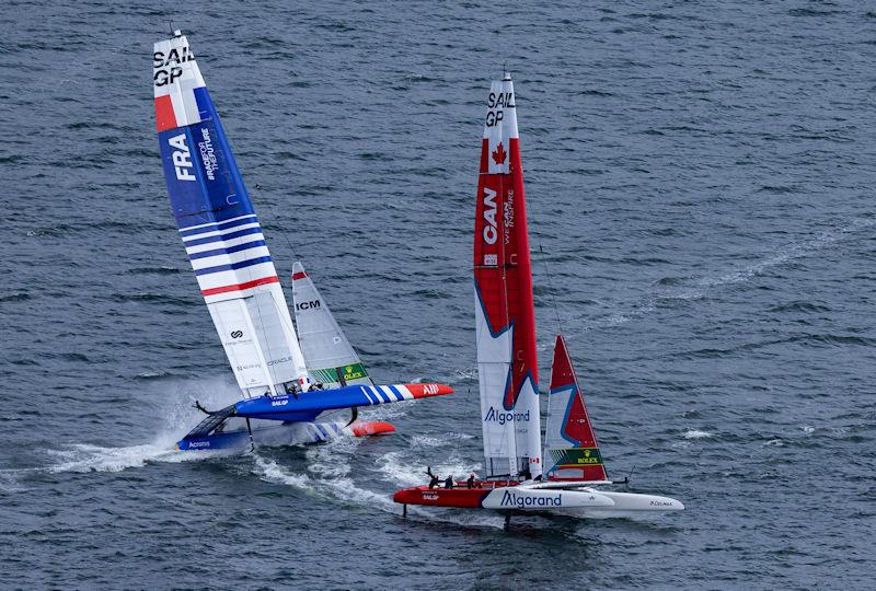 Close racing between France SailGP Team helmed by Quentin Delapierre and Canada SailGP Team helmed by Phil Robertson on Race Day 1 of the Mubadala SailGP Season 3 Grand Final in San Francisco, USA - photo © Jed Jacobsohn for SailGP