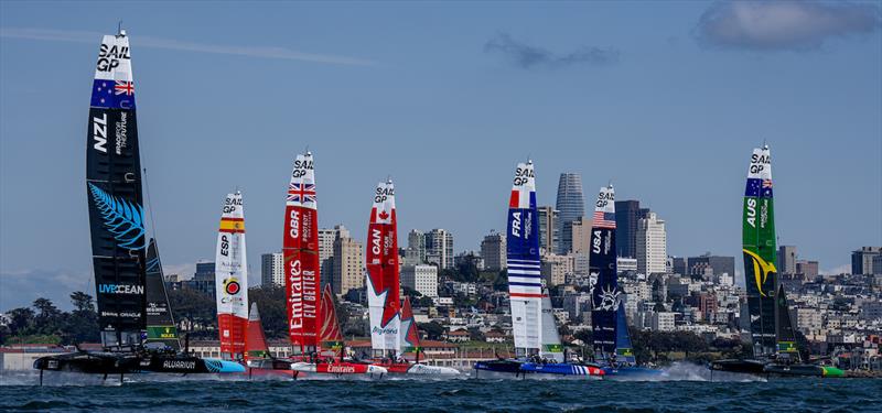 The SailGP fleet sail past the city skyline on Race Day 2 of the Mubadala SailGP Season 3 Grand Final in San Francisco, USA - photo © Bob Martin/SailGP