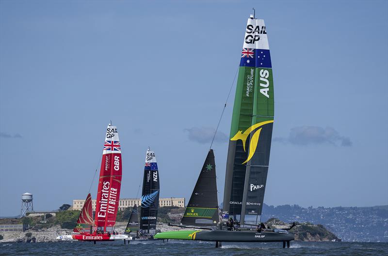 Emirates Great Britain SailGP Team, New Zealand SailGP Team and Australia SailGP Team in action during the Grand Final in front of Alcatraz Island on Race Day 2 of the Mubadala SailGP Season 3 Grand Final in San Francisco, USA. Sunday 7th May photo copyright Bob Martin for SailGP taken at San Francisco Yacht Club and featuring the F50 class