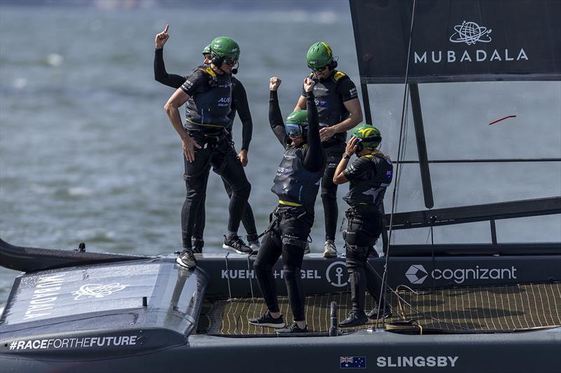 Australia SailGP Team celebrate on board their F50 catamaran after winning the grand final race on Race Day 2 of the Mubadala SailGP Season 3 Grand Final in San Francisco, USA. Sunday 7th May photo copyright Jed Jacobsohn for SailGP taken at San Francisco Yacht Club and featuring the F50 class