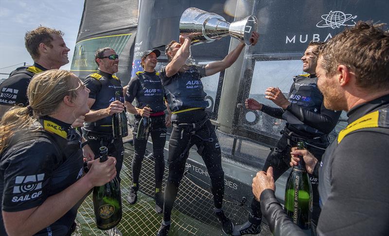 Australia SailGP Team celebrate winning the Mubadala SailGP Season 3 Grand Final with Barons de Rothschild champagne on Race Day 2 of the Mubadala SailGP Season 3 Grand Final in San Francisco, USA. Sunday 7th May photo copyright Ricardo Pinto for SailGP taken at San Francisco Yacht Club and featuring the F50 class