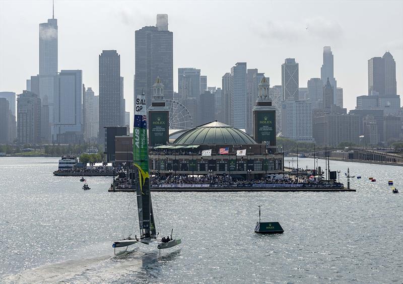 Australia SailGP Team helmed by Tom Slingsby cross the finish line in front of Navy Pier to win the first race on Race Day 1 of the Rolex United States Sail Grand Prix | Chicago at Navy Pier, Season 4, in Chicago, Illinois, USA. 16th June - photo © Simon Bruty for SailGP