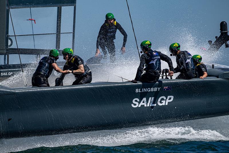 Jason Waterhouse, flight controller and tactician of Australia SailGP Team, runs across the boat as Australia SailGP Team take part in a practice session ahead of the Oracle Los Angeles Sail Grand Prix at the Port of Los Angeles, in California, USA - photo © Ricardo Pinto for SailGP