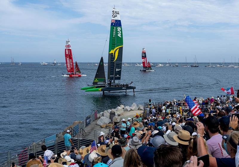 Spectators watch from the grandstand in the Race Stadium as Australia SailGP Team sail past on Race Day 1 of the Oracle Los Angeles Sail Grand Prix at the Port of Los Angeles, in California, USA. 22nd July - photo © Adam Warner for SailGP
