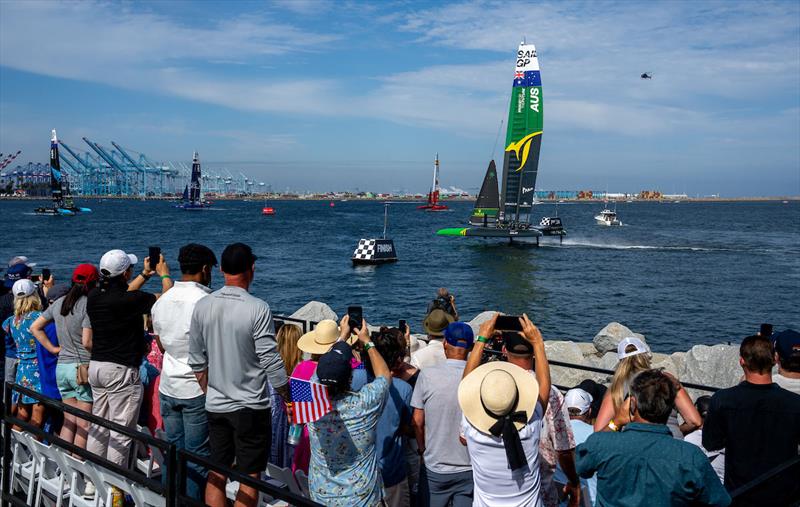 Spectators watch from the SailGP Race Stadium as Australia SailGP Team sail past on Race Day 1 of the Oracle Los Angeles Sail Grand Prix at the Port of Los Angeles, in California, USA. 22nd July photo copyright Adam Warner for SailGP taken at Los Angeles Yacht Club and featuring the F50 class