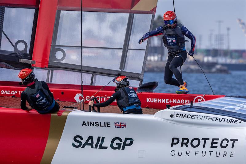 Ben Ainslie, driver of Emirates Great Britain SailGP Team, runs across the boat as Hannah Mills, strategist of Emirates Great Britain SailGP Team, take control of the wheel on Race Day 1 of the Oracle Los Angeles Sail Grand PrixCalifornia, USA. 22nd July photo copyright Felix Diemer for SailGP taken at Los Angeles Yacht Club and featuring the F50 class