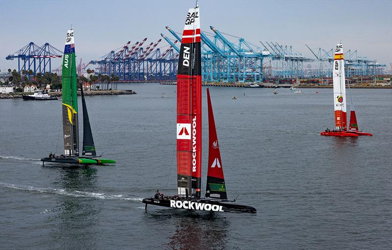 Australia SailGP Team helmed by Tom Slingsby, ROCKWOOL Denmark SailGP Team helmed by Nicolai Sehested and Spain SailGP Team helmed by Diego Botin in action on Race Day 2 of the Oracle Los Angeles Sail Grand Prix at the Port of Los Angeles, in California photo copyright Felix Diemer for SailGP taken at Los Angeles Yacht Club and featuring the F50 class