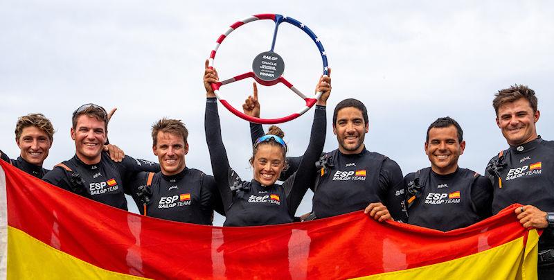 Nicole Van der Velden, strategist of Spain SailGP Team, lifts the Oracle Los Angeles Sail Grand Prix trophy as Spain SailGP Team celebrate winning the Oracle Los Angeles Sail Grand Prix photo copyright Adam Warner for SailGP taken at  and featuring the F50 class