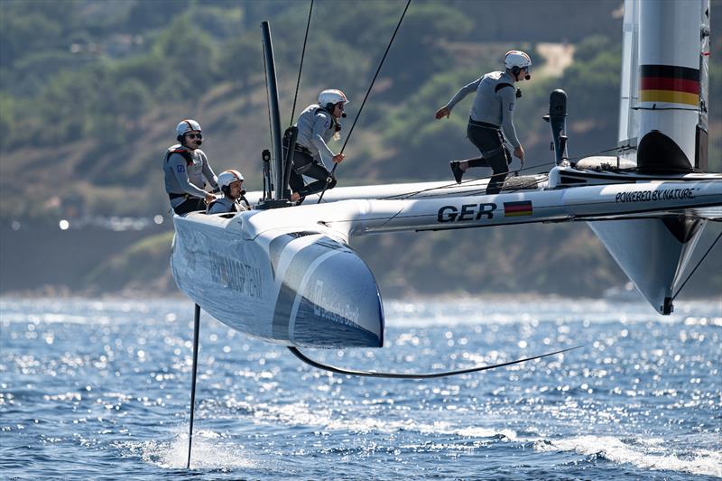 Stuart Bithell, wing trimmer of Germany SailGP Team, and Kahena Kunze, strategist of Germany SailGP Team, run across the boat - German SailGP Team - photo © Ricardo Pinto/SailGP