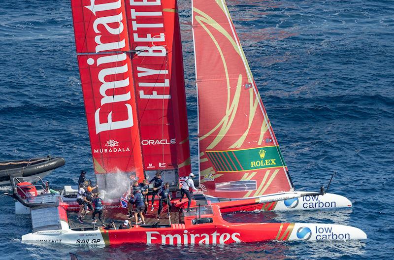 Emirates Great Britain SailGP Team helmed by Ben Ainslie sprays Barons De Rothschild Champagne as they celebrate on board their F50 catamaran after winning France Sail Grand Prix in Saint-Tropez, France - photo © Ian Walton for SailGP