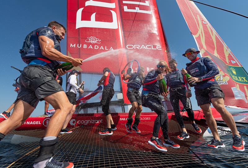 Neil Hunter, grinder of Emirates Great Britain SailGP Team, sprays Barons De Rothschild Champagne on his team-mates while they celebrate winning the France Sail Grand Prix in Saint-Tropez, France - photo © Ricardo Pinto for SailGP