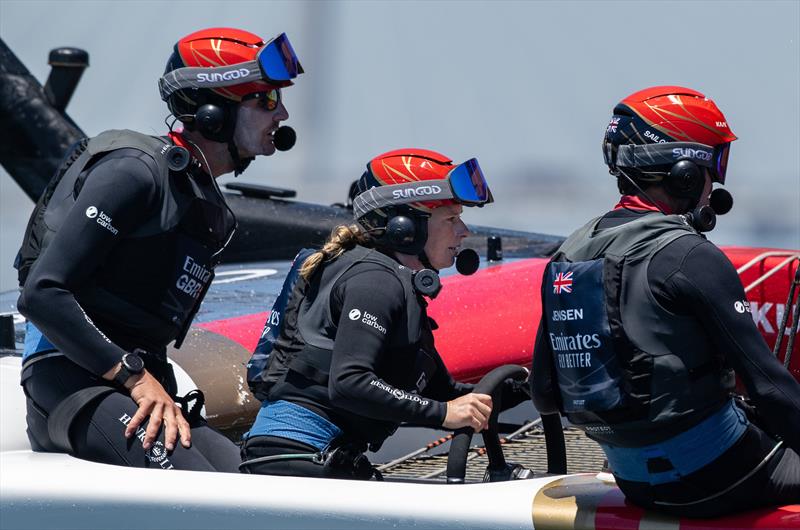 Hannah Mills, strategist of Emirates Great Britain SailGP Team, at the wheel alongside Giles Scott and Iain Jensen during a practice session ahead of the Oracle Los Angeles Sail Grand Prix photo copyright Ricardo Pinto for SailGP taken at  and featuring the F50 class