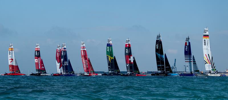 Germany SailGP Team helmed by Erik Heil lead he SailGP Fleet on Race Day 1 of the Spain Sail Grand Prix in Cadiz, Spain photo copyright Ricardo Pinto for SailGP taken at  and featuring the F50 class