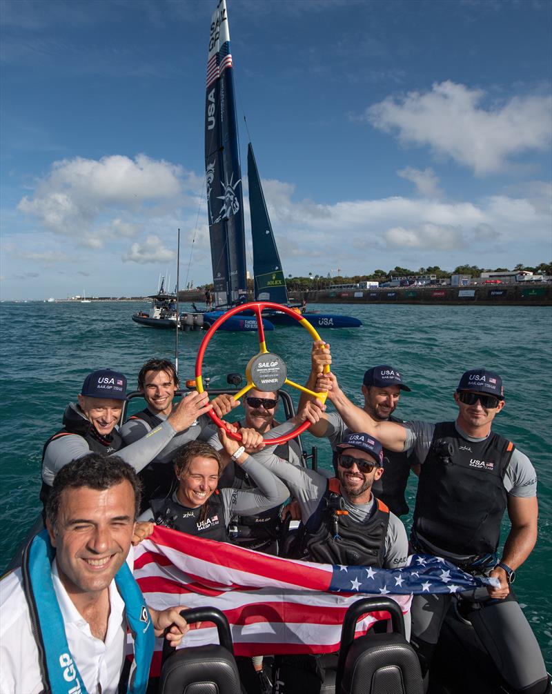 USA SailGP Team celebrate with Bruno Garci­a, Mayor of Cadiz, after winning the Spain Sail Grand Prix in Cadiz, Spain photo copyright Ricardo Pinto for SailGP taken at  and featuring the F50 class