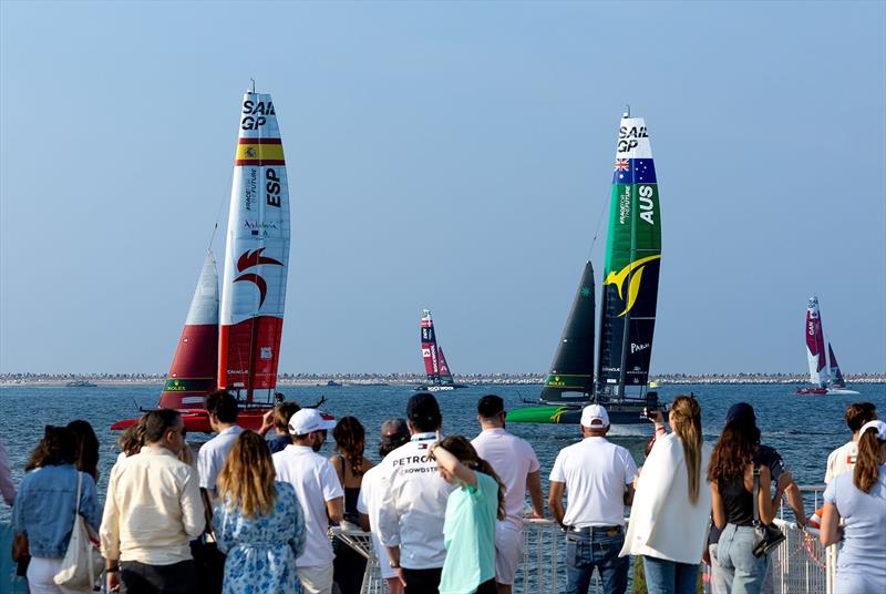 Spain SailGP Team helmed by Diego Botin leads Australia SailGP Team helmed by interim driver Jimmy Spithill on Race Day 1 of the Emirates Sail Grand Prix presented by P&O Marinas in Dubai, United Arab Emirates. 9th December - photo © Kieran Cleeves