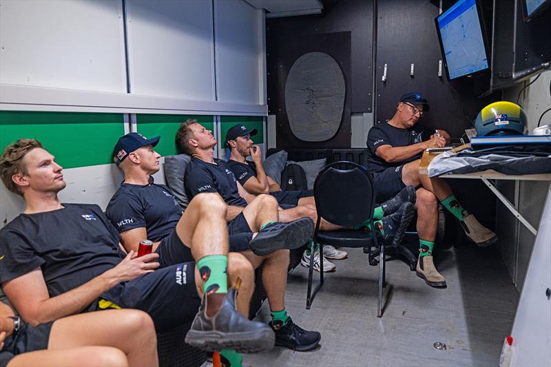 Inside the Aussie camp, with the great Ben Durham taking the team through some of the tactical analysis after racing - photo © SailGP