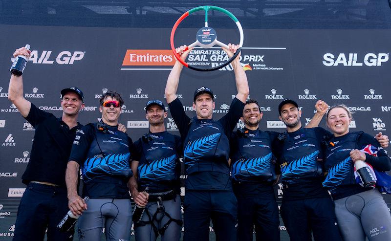 The New Zealand SailGP Team helmed by Peter Burling on stage celebrating victory on Race Day 2 of the Emirates Sail Grand Prix presented by P&O Marinas in Dubai, United Arab Emirates - photo © Felix Diemer for SailGP