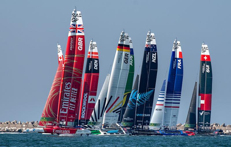 Emirates Great Britain SailGP Team helmed by Ben Ainslie lead the fleet on Race Day 2 of the Emirates Sail Grand Prix presented by P&O Marinas in Dubai, United Arab Emirates - photo © Ricardo Pinto for SailGP