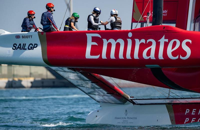 Hannah Mills OBE on the wheel of the Emirates GBR F50 during the Women's Pathway Programme training session - photo © SailGP