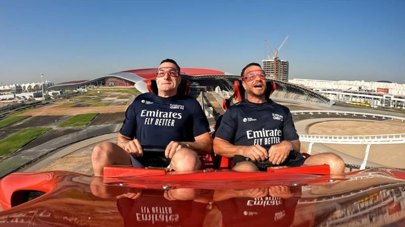 Emirates GBR Grinders Neil Hunter (L) and Nick Hutton (R) on-board Formula Rossa, the world's fastest rollercoaster at Ferrari World in Abu Dhabi photo copyright SailGP taken at  and featuring the F50 class
