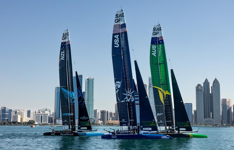 New Zealand SailGP Team, USA SailGP Team, and Australia SailGP Team sail past the Abu Dhabi skyline ahead of the Mubadala Abu Dhabi Sail Grand Prix presented by Abu Dhabi Sports Council - photo © Felix Diemer for SailGP