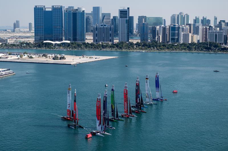 Aerial view of the SailGP F50 catamaran fleet and the Abu Dhabi skyline ahead of the Mubadala Abu Dhabi Sail Grand Prix presented by Abu Dhabi Sports Council photo copyright Ricardo Pinto for SailGP taken at  and featuring the F50 class
