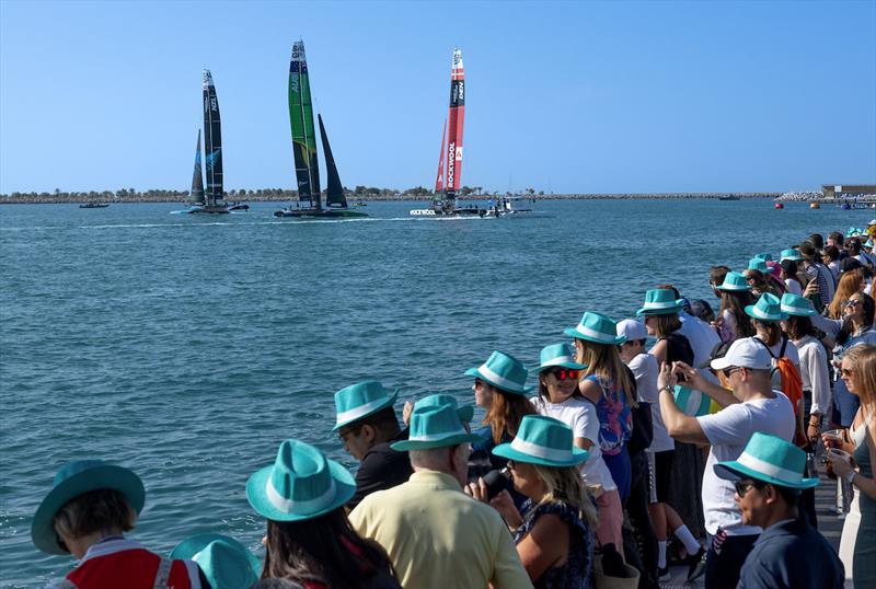 ROCKWOOL Denmark SailGP Team helmed by interim driver Nathan Outteridge, Australia SailGP Team helmed by Tom Slingsby and New Zealand SailGP Team helmed by Peter Burling pass spectators on shore on Race Day 1 Abu Dhabi Sail Grand Prix13th January - photo © Christopher Pike