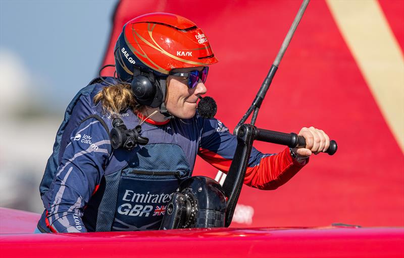 Hannah Mills, strategist of Emirates Great Britain SailGP Team, in action on the grinding handles during a practice session ahead of the Mubadala Abu Dhabi Sail Grand Prix presented by Abu Dhabi Sports Council - photo © Ricardo Pinto for SailGP